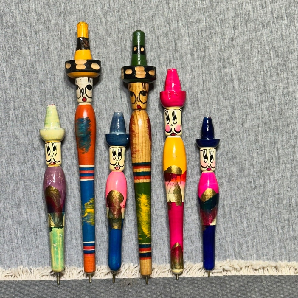 Vintage Mexican Folk Art Wooden Pens Hand Painted Sombrero Character Set of 6 - Picture 1 of 3